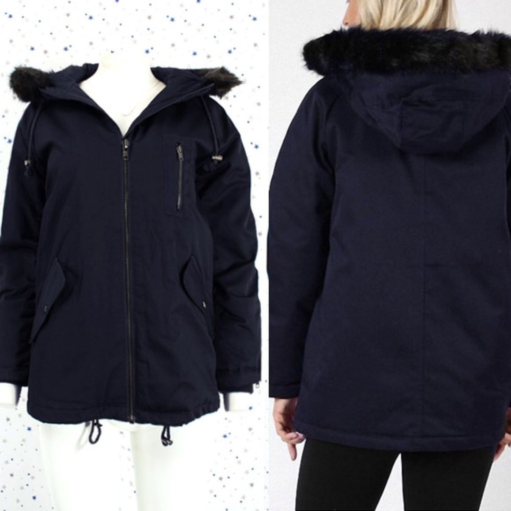 Water Resistant Faux Fur Hooded Jacket Navy